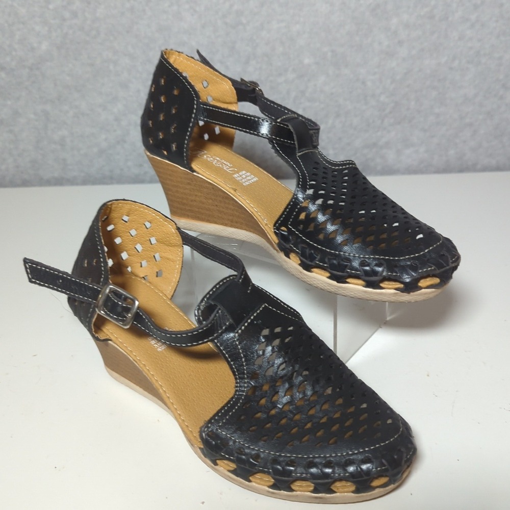 Womens Black Woven T-Strap Wedge Leather Sandals Casual Comfort Shoes Meian Sz 8